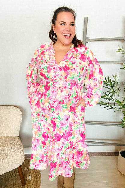 Beautiful You Frill V-Neck Shirred Waist Floral Maxi Dress