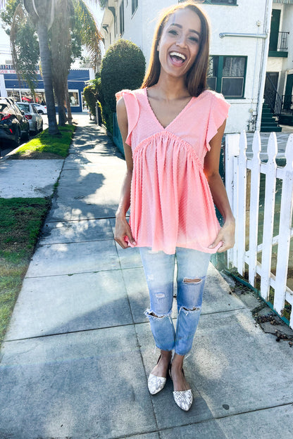 Lock Eyes Coral Swiss Dot Babydoll Flutter Sleeve Babydoll Top