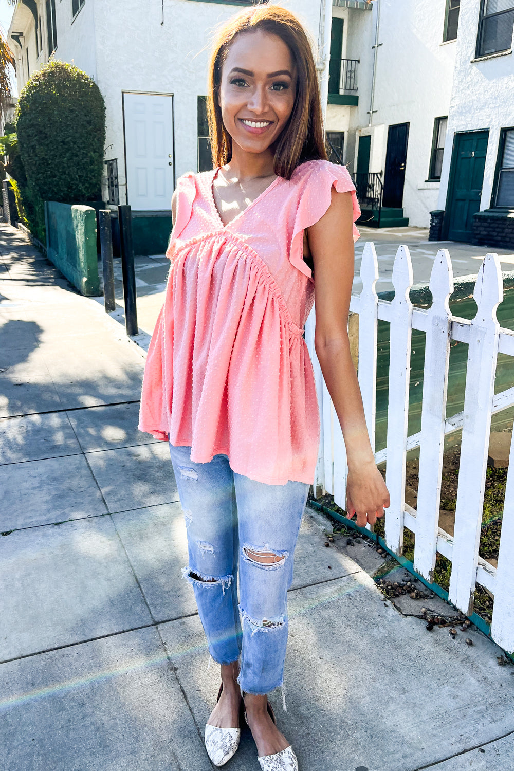 Lock Eyes Coral Swiss Dot Babydoll Flutter Sleeve Babydoll Top