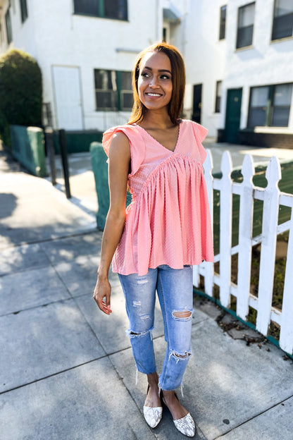 Lock Eyes Coral Swiss Dot Babydoll Flutter Sleeve Babydoll Top