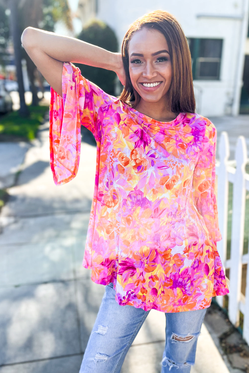 Gorgeous You Fuchsia Big Floral Bell Sleeve Knit Top