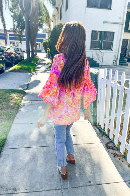 Gorgeous You Fuchsia Big Floral Bell Sleeve Knit Top