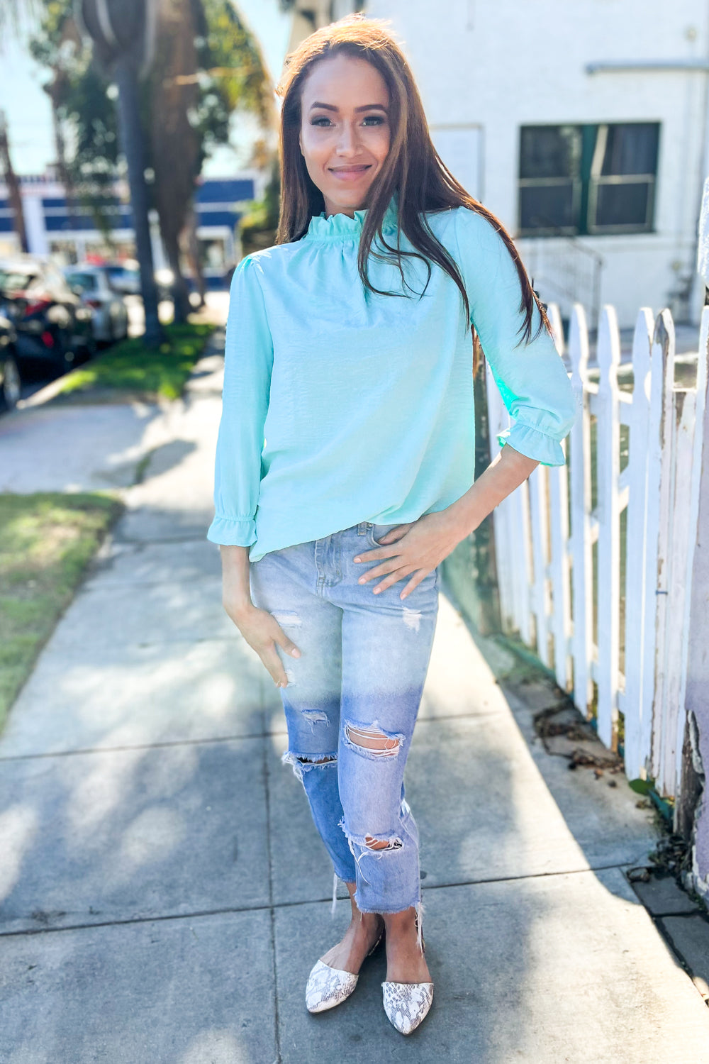 Elegant You Mint Frill Neck Back Button Ruffle Sleeve Blouse