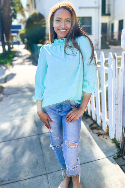 Elegant You Mint Frill Neck Back Button Ruffle Sleeve Blouse