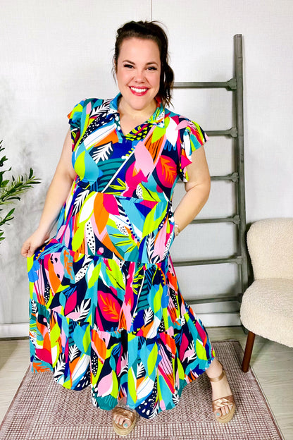 PLUS Feel Your Best Tropical Floral Collar V Neck Midi Dress