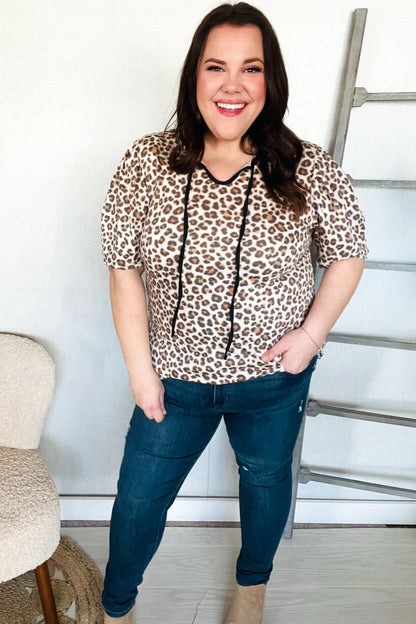 Everyday Animal Print Collar Notch Front Tie Knit Top