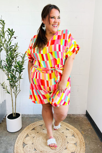 Eyes On You Coral Geo Abstract Surplice Woven Romper
