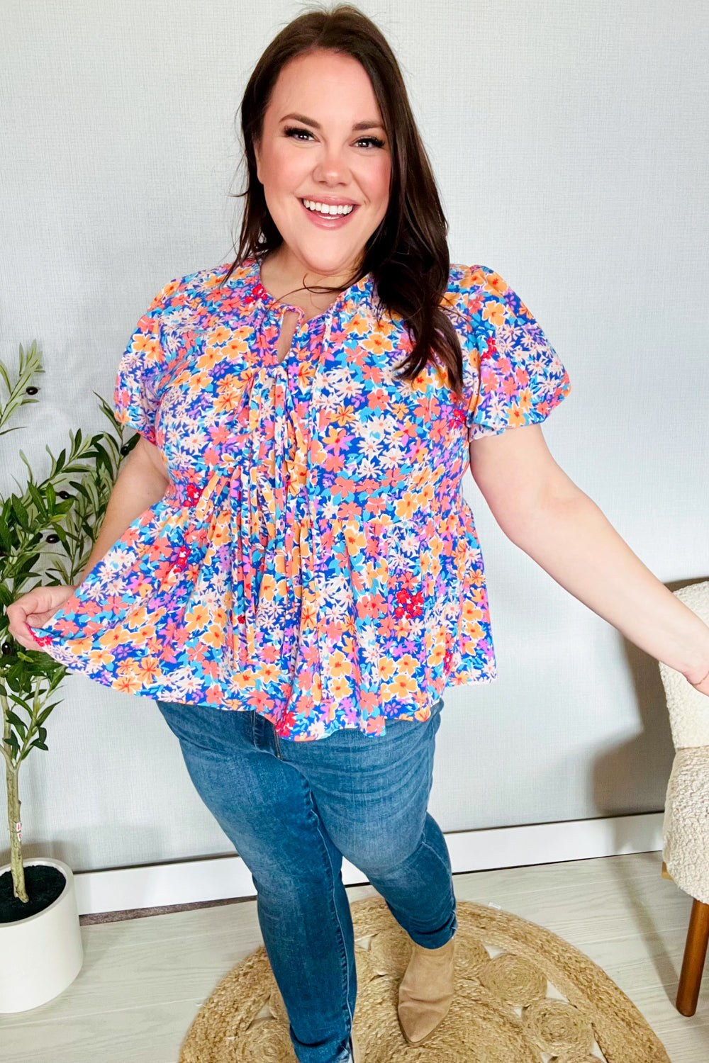 Follow Me Blue/Coral Floral Print Bow Tie Puff Sleeve Babydoll Top