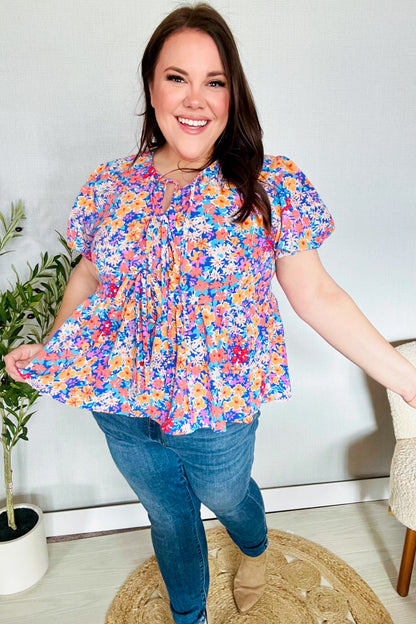 Follow Me Blue/Coral Floral Print Bow Tie Puff Sleeve Babydoll Top