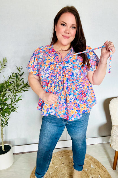 Follow Me Blue/Coral Floral Print Bow Tie Puff Sleeve Babydoll Top