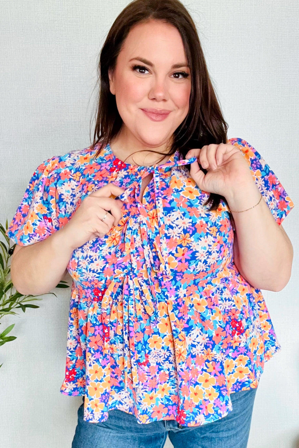 Follow Me Blue/Coral Floral Print Bow Tie Puff Sleeve Babydoll Top