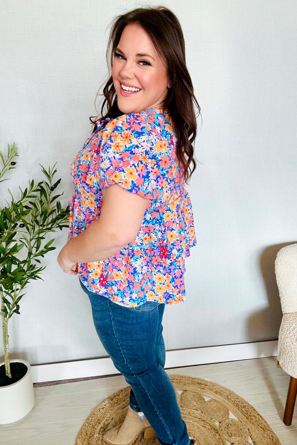 Follow Me Blue/Coral Floral Print Bow Tie Puff Sleeve Babydoll Top