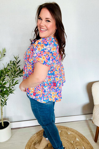 Follow Me Blue/Coral Floral Print Bow Tie Puff Sleeve Babydoll Top