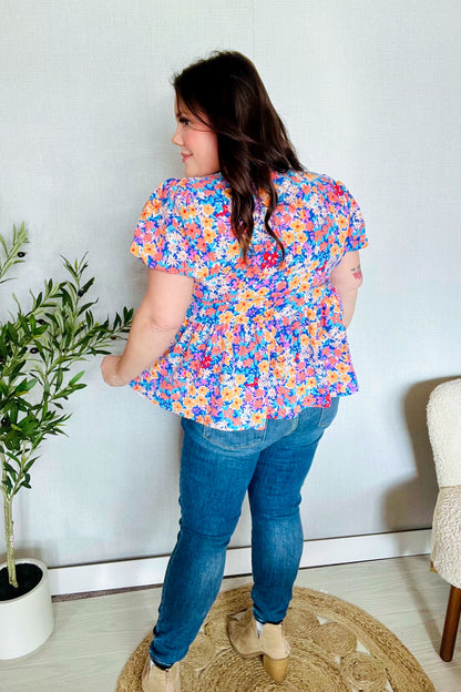 Follow Me Blue/Coral Floral Print Bow Tie Puff Sleeve Babydoll Top
