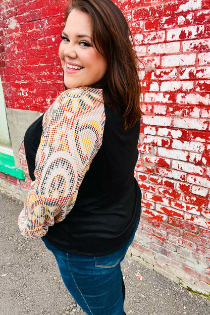 Black Abstract Print Textured Bubble Sleeve Top