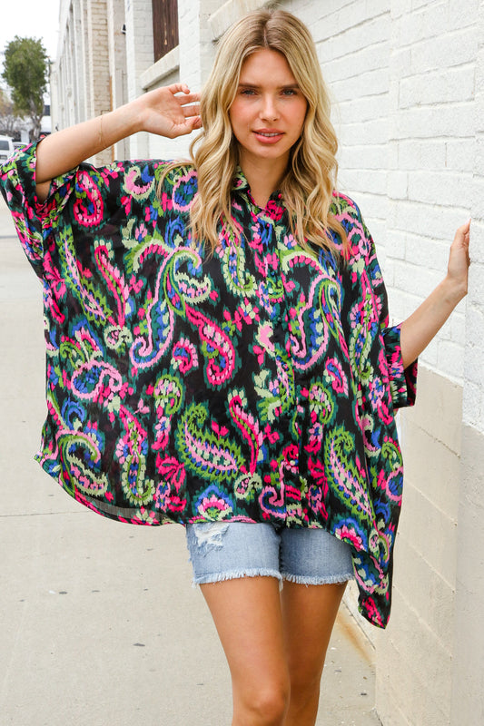 Find Love Back Paisley Print Button-Down Dolman Sleeve Blouse