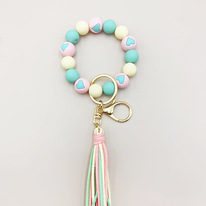 Cross-border Hot SellingVelvet Tassel Cute Small Peach Heart Silicone Beads Bracelet Keychain Female Bracelet Car Suitcase Hanger