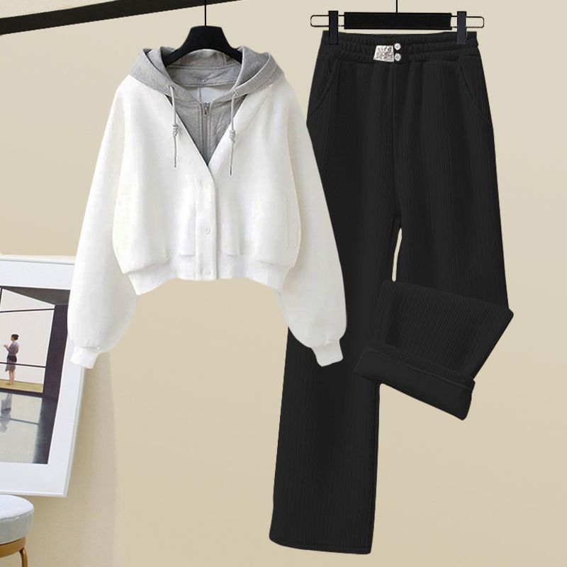 Small Sized Man's Wear Fake Two-piece Hooded Sweater Women's Casual Sports Wide-leg Pants Two-piece Set