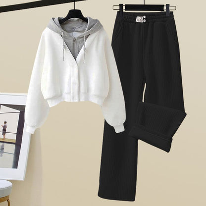 Small Sized Man's Wear Fake Two-piece Hooded Sweater Women's Casual Sports Wide-leg Pants Two-piece Set