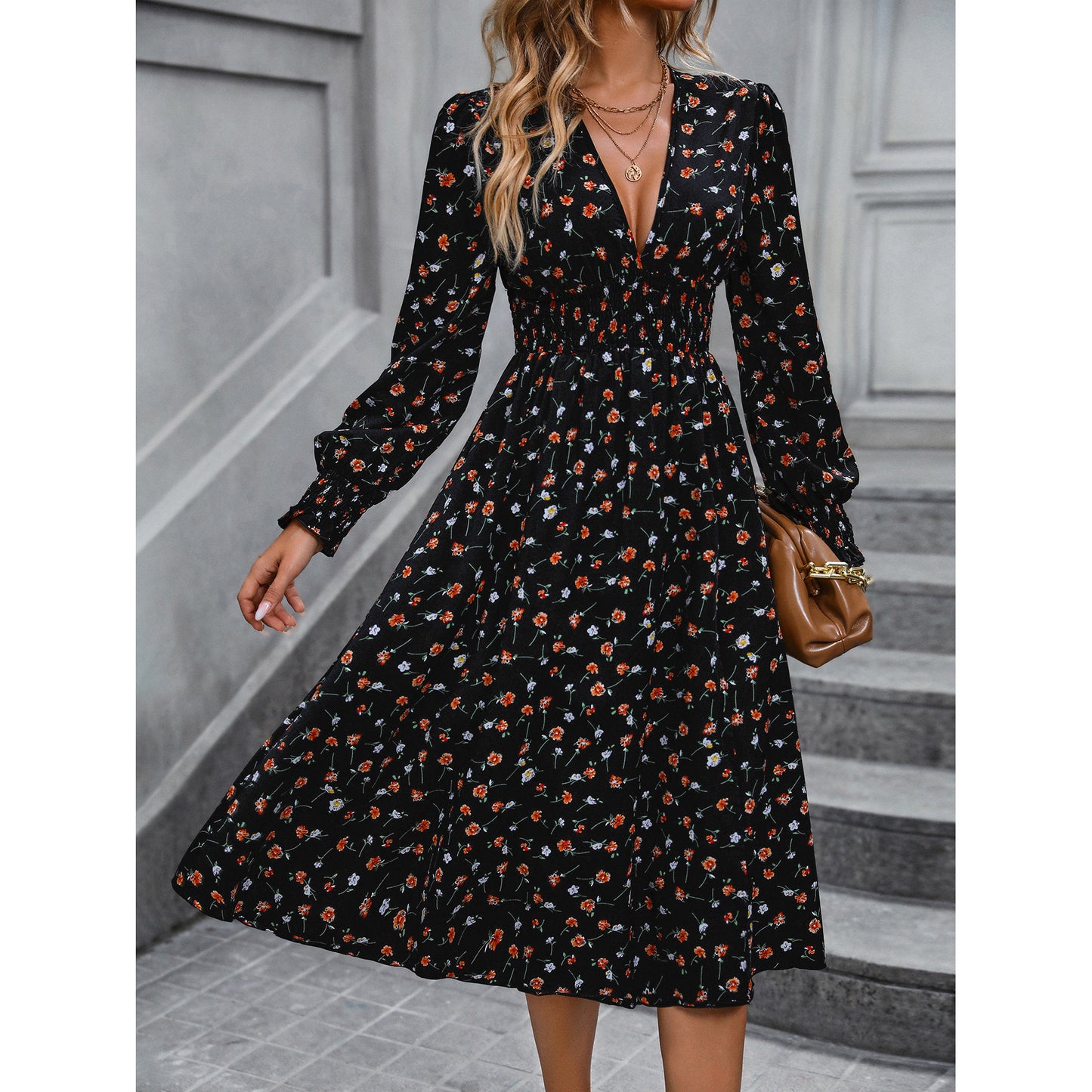 Women's Fashion Temperament High Waist Floral Print Long Sleeve Dress