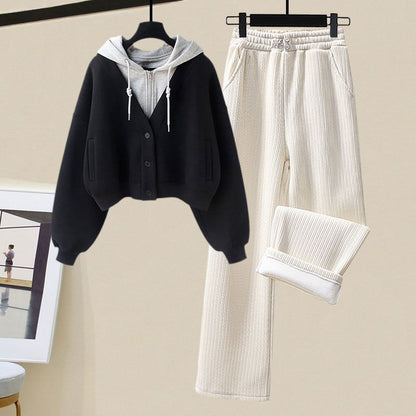 Small Sized Man's Wear Fake Two-piece Hooded Sweater Women's Casual Sports Wide-leg Pants Two-piece Set