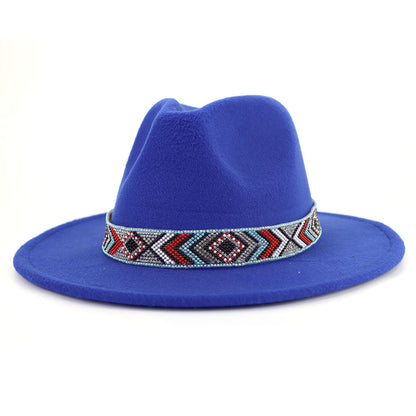 Autumn And Winter New Blue Bead Woolen Hat Fashion Panama Jazz Hat