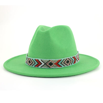 Autumn And Winter New Blue Bead Woolen Hat Fashion Panama Jazz Hat