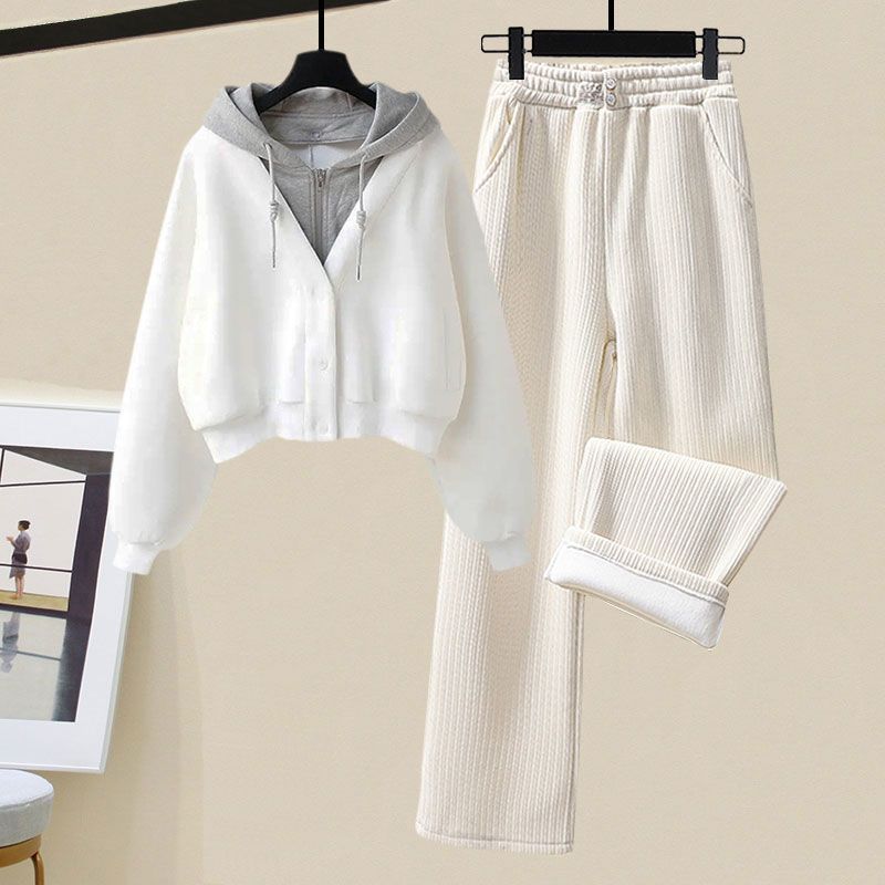 Small Sized Man's Wear Fake Two-piece Hooded Sweater Women's Casual Sports Wide-leg Pants Two-piece Set