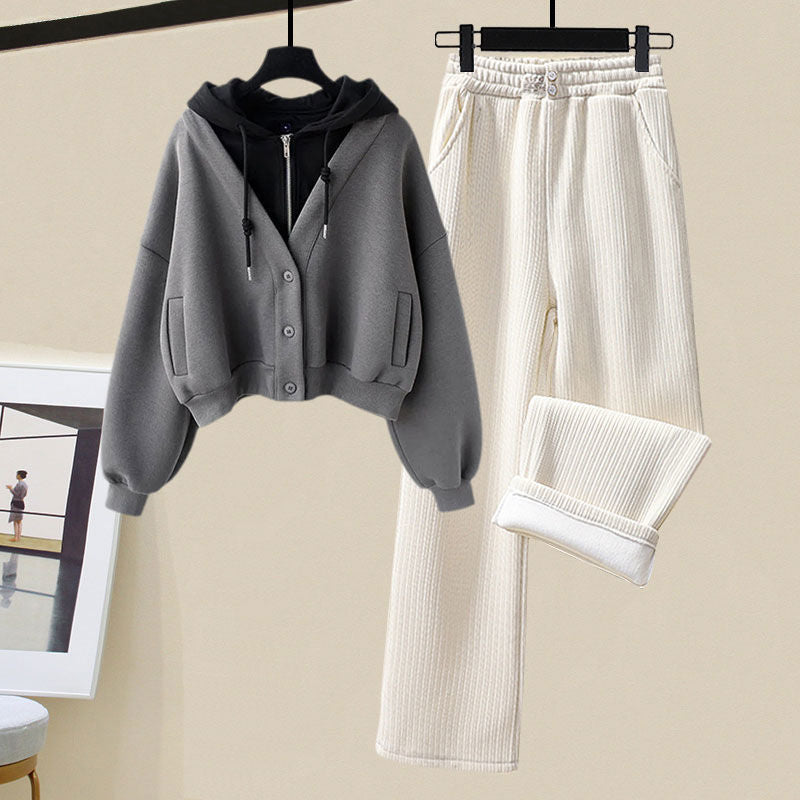 Small Sized Man's Wear Fake Two-piece Hooded Sweater Women's Casual Sports Wide-leg Pants Two-piece Set