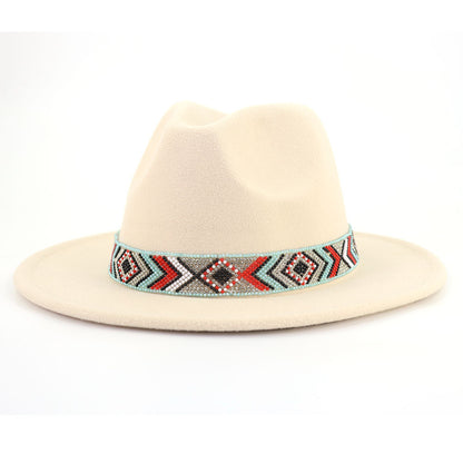 Autumn And Winter New Blue Bead Woolen Hat Fashion Panama Jazz Hat