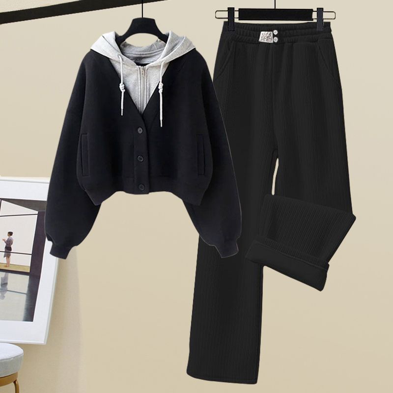 Small Sized Man's Wear Fake Two-piece Hooded Sweater Women's Casual Sports Wide-leg Pants Two-piece Set