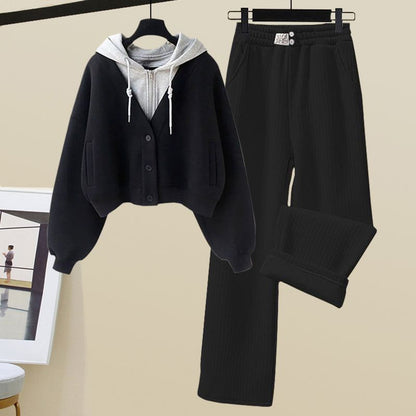 Small Sized Man's Wear Fake Two-piece Hooded Sweater Women's Casual Sports Wide-leg Pants Two-piece Set