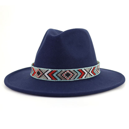 Autumn And Winter New Blue Bead Woolen Hat Fashion Panama Jazz Hat