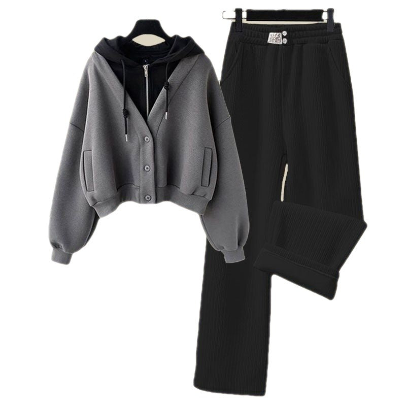 Small Sized Man's Wear Fake Two-piece Hooded Sweater Women's Casual Sports Wide-leg Pants Two-piece Set
