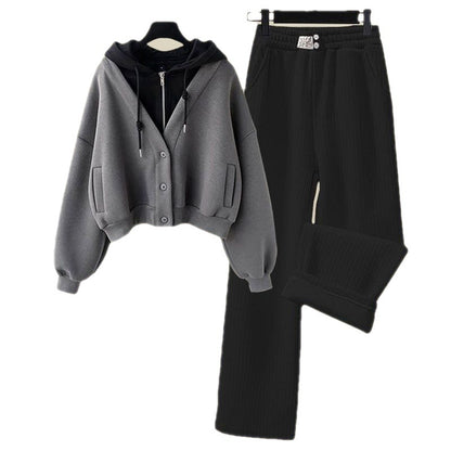 Small Sized Man's Wear Fake Two-piece Hooded Sweater Women's Casual Sports Wide-leg Pants Two-piece Set