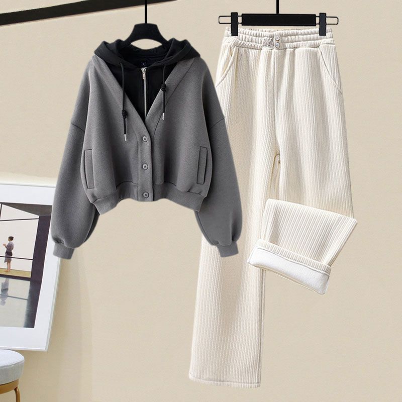Small Sized Man's Wear Fake Two-piece Hooded Sweater Women's Casual Sports Wide-leg Pants Two-piece Set
