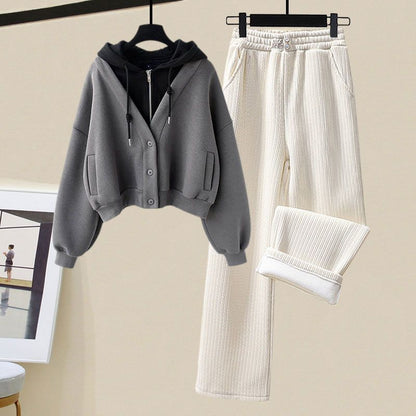 Small Sized Man's Wear Fake Two-piece Hooded Sweater Women's Casual Sports Wide-leg Pants Two-piece Set