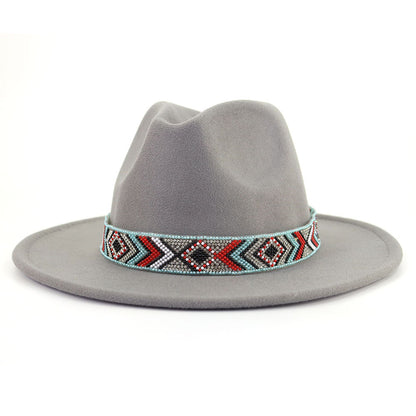 Autumn And Winter New Blue Bead Woolen Hat Fashion Panama Jazz Hat