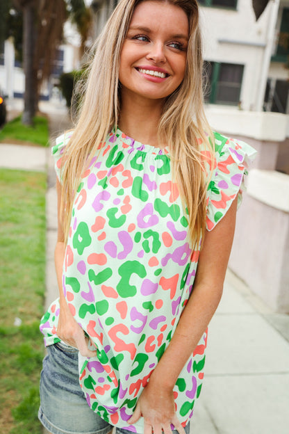 Spread Joy Multicolor Animal Print Mock Neck Flutter Sleeve Blouse