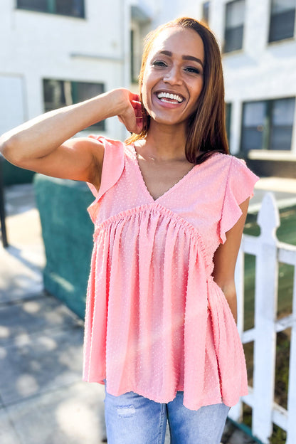 Lock Eyes Coral Swiss Dot Babydoll Flutter Sleeve Babydoll Top