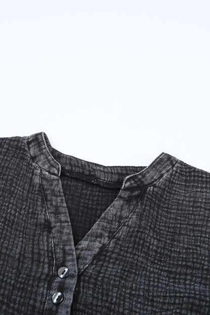 Light Blue Plus Size Split Neck Buttons Crinkled Blouse