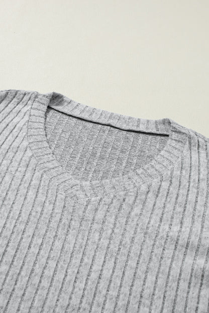 Beige Ribbed Drop Shoulder Henley Top Wide Leg Pants Set