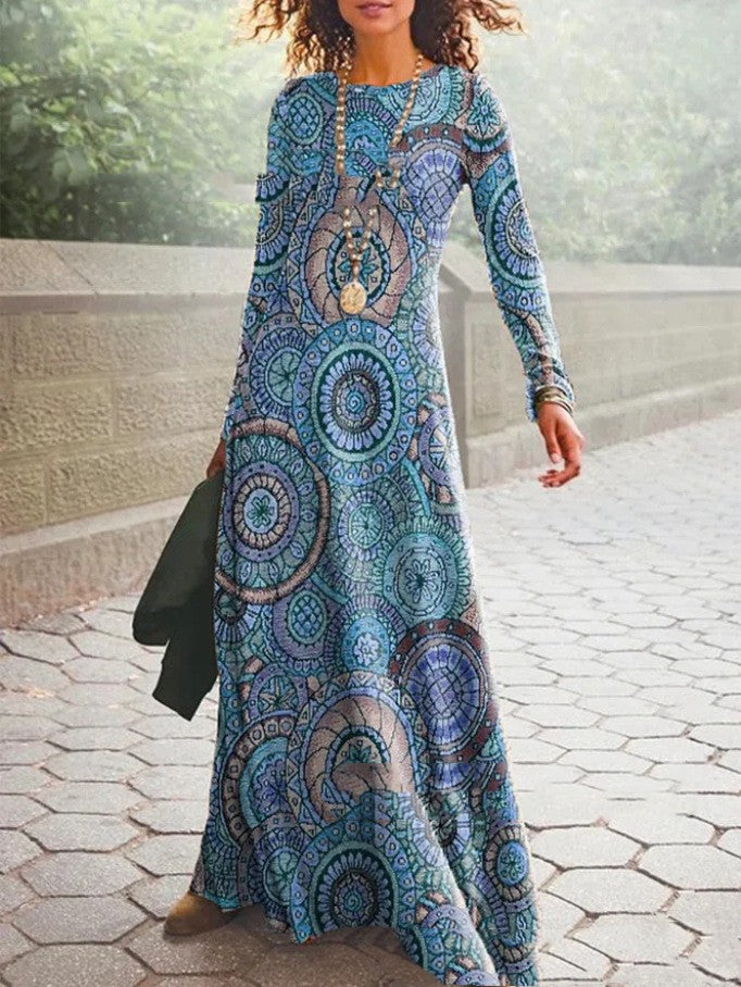 Women's Cotton Printed Round Neck Wide Hem Long Sleeve Dress