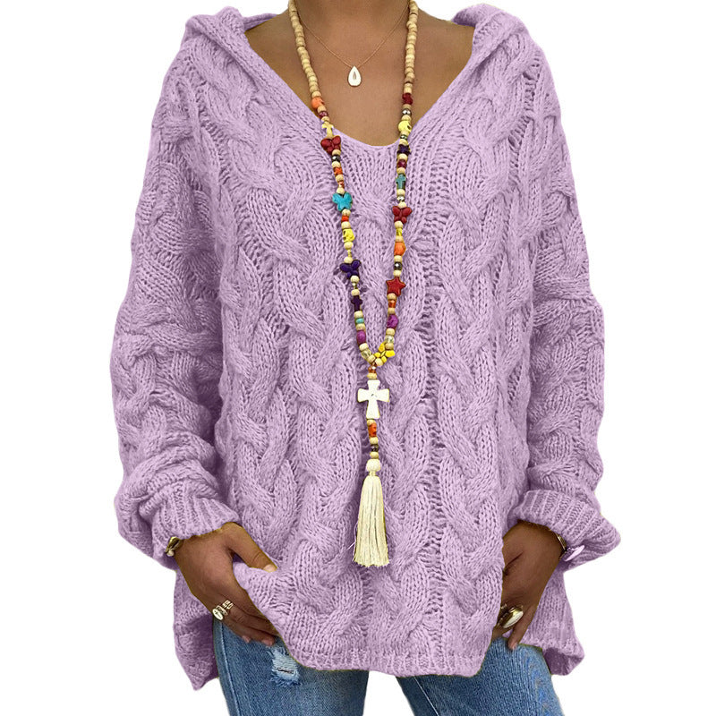 Solid Color Twist Knitted Hoodie Sweater For Women