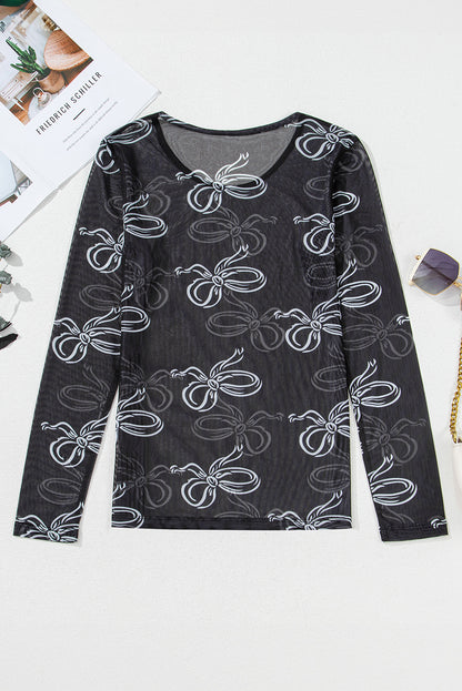 Black Round Neck Bow Print Long Sleeve Mesh Top