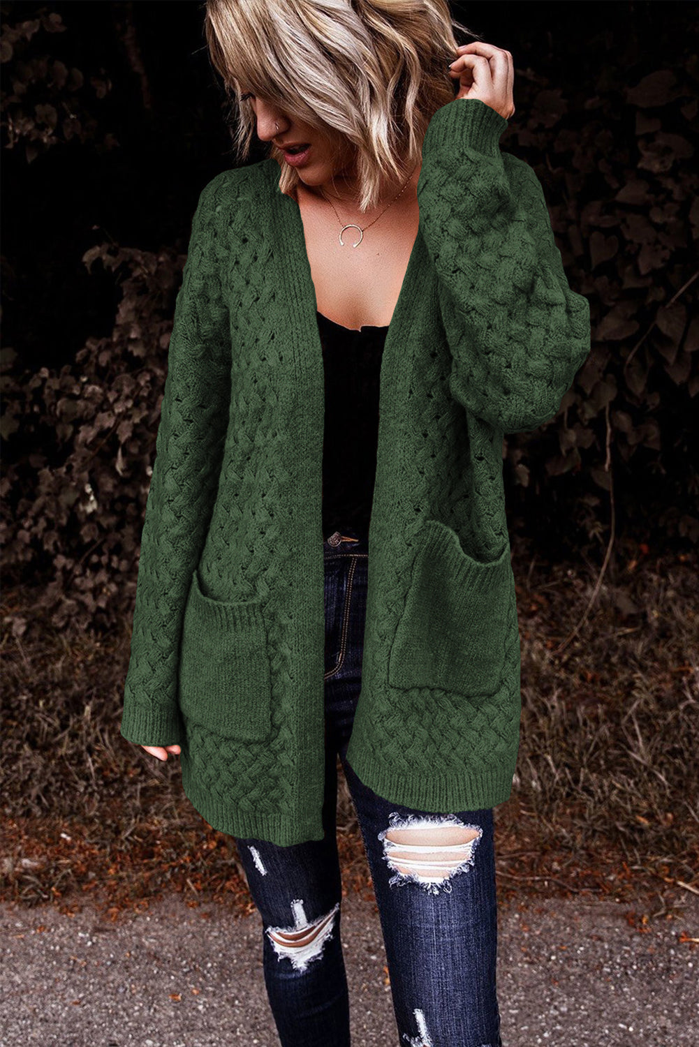 Chestnut Weave Knit Side Pockets Plus Size Cardigan