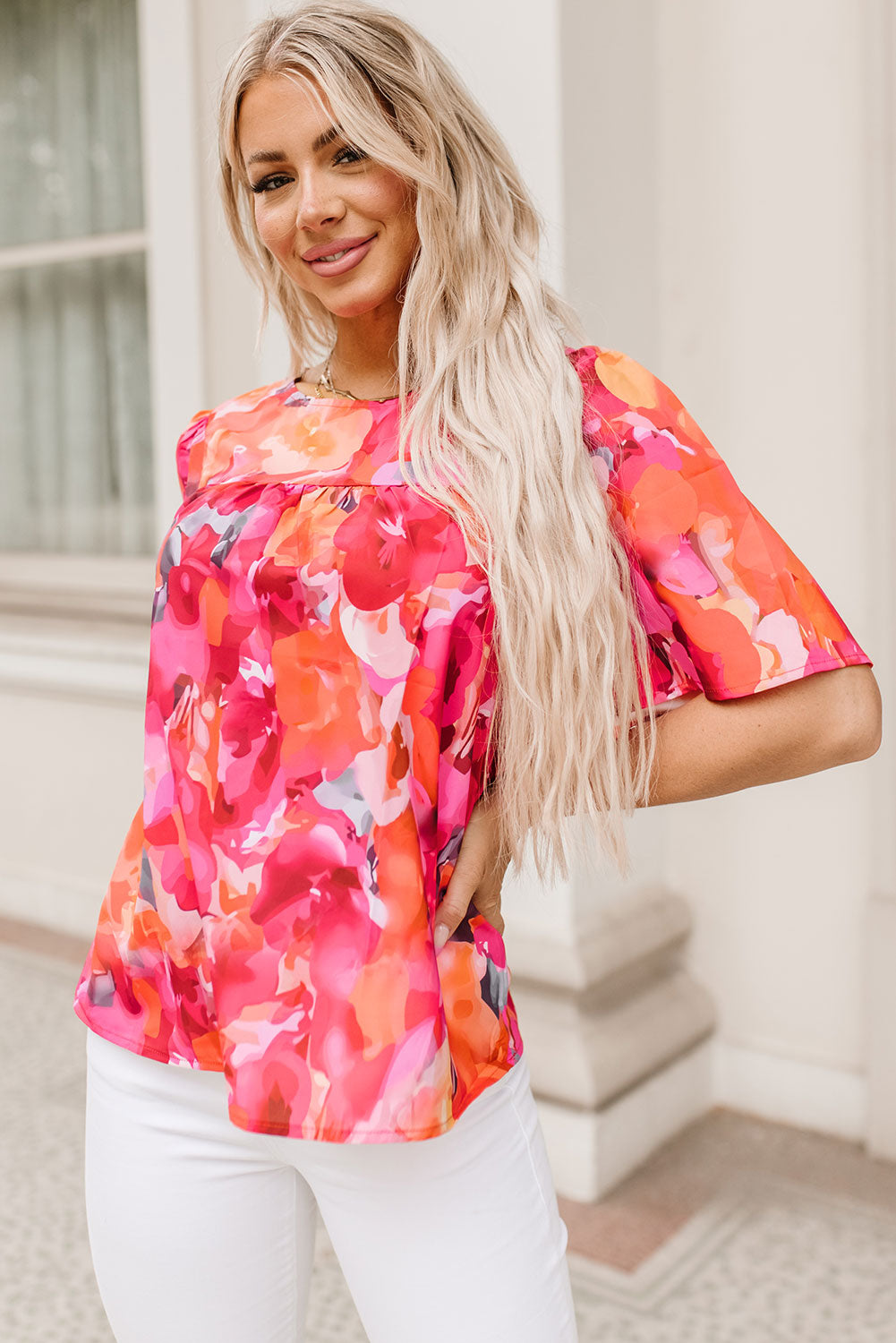 Red Floral Print Wide Sleeve Blouse