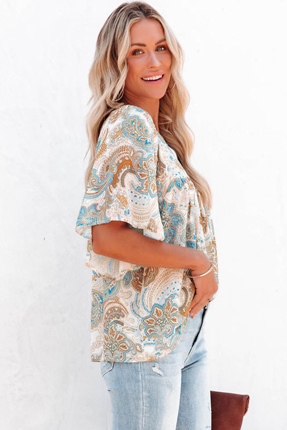 Sky Blue Paisley Pattern Print Drawstring V Neck Blouse
