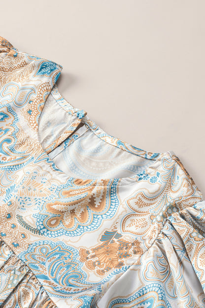 Sky Blue Paisley Pattern Print Drawstring V Neck Blouse