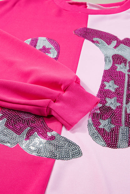 Pink Color Block Sequined Cowgirl Boots Graphic Sweatshirt I cease